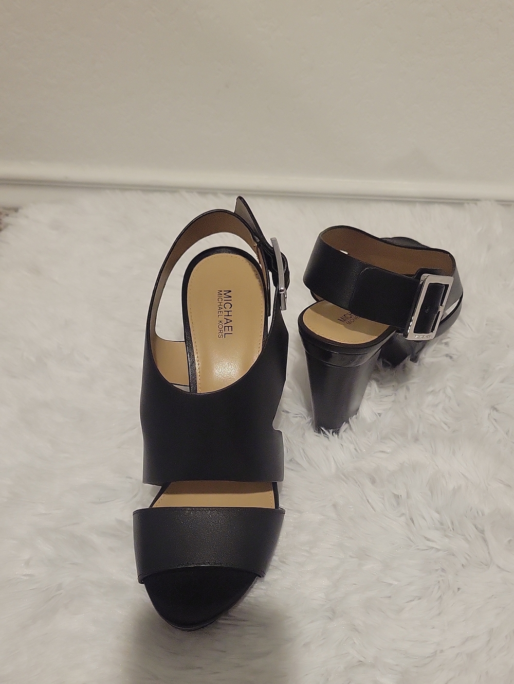 MICHAEL Michael Kors Black Leather Slingback Block Heel Sandals